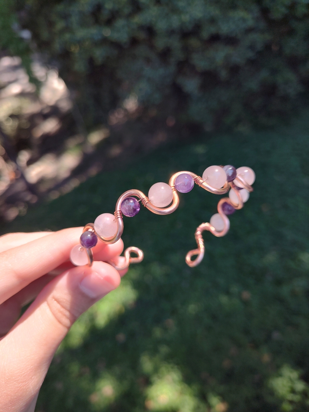 Handcrafted Copper Wire Cuff Bracelet with Rose Quartz & Amethyst Gems